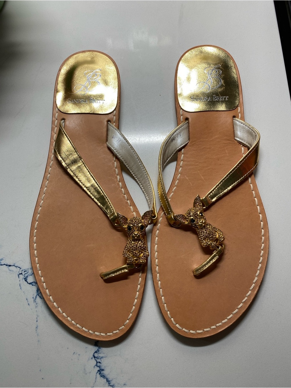 Sergio Rossi Gold and Tan Leather Jeweled Animal-Accent Thong Sandals